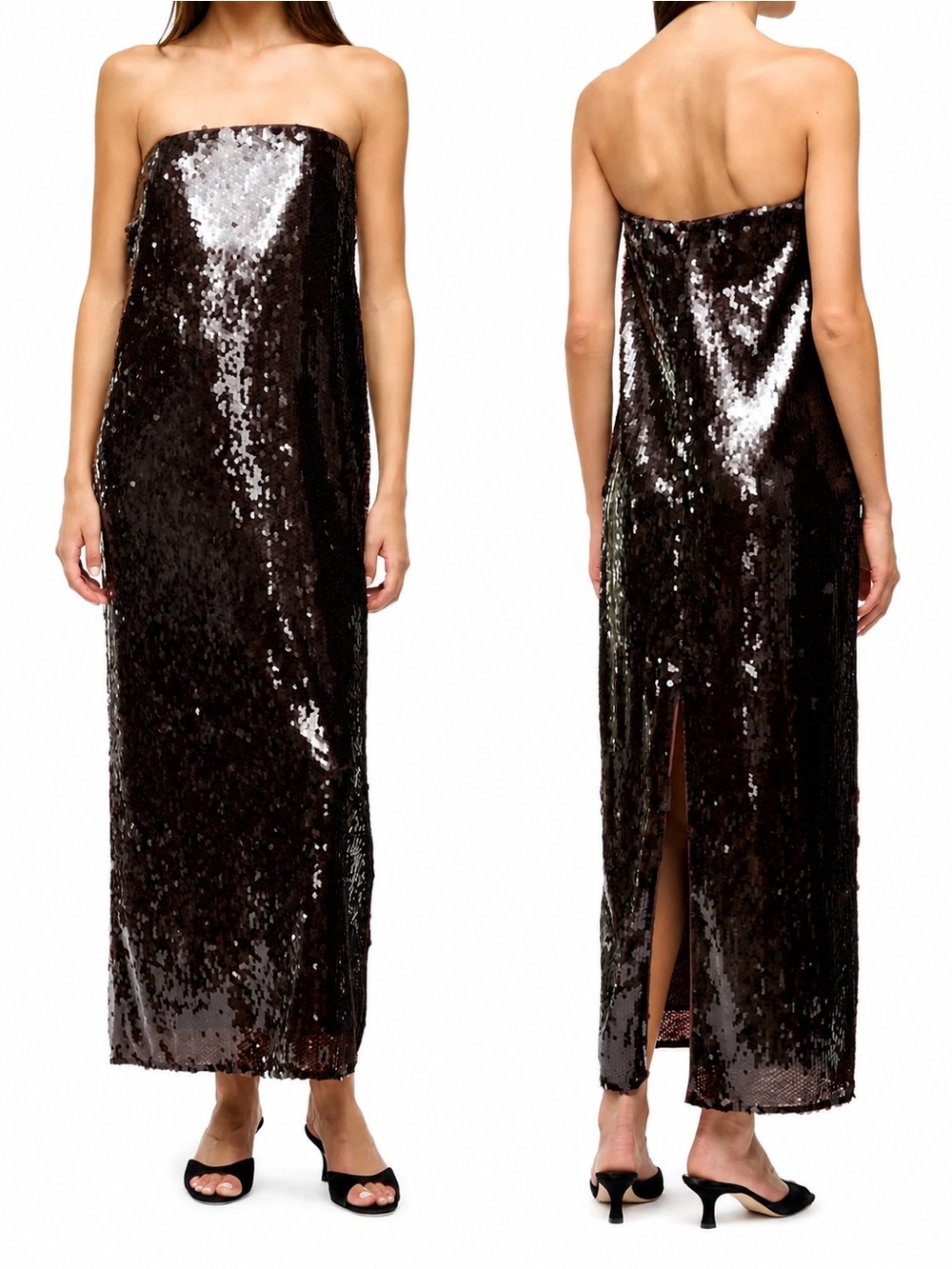 Staud Casey Dress Bronze Sequin Maxi Gown Event Cocktail Brown Womens 12